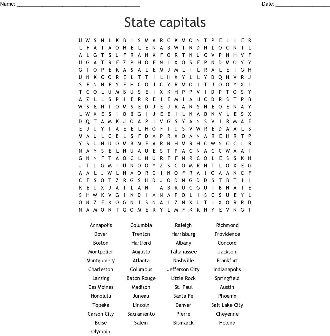 State Capitals Word Search - Wordmint