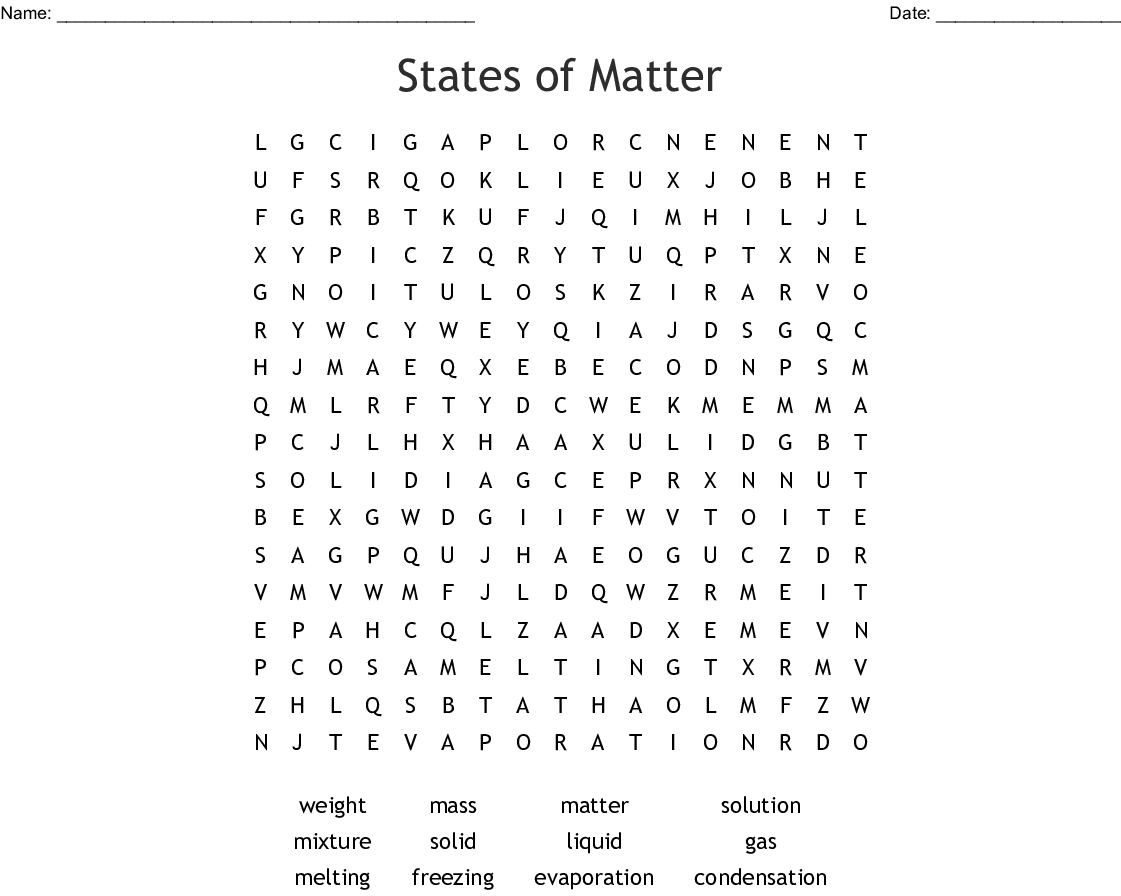 States Of Matter Word Search - Wordmint
