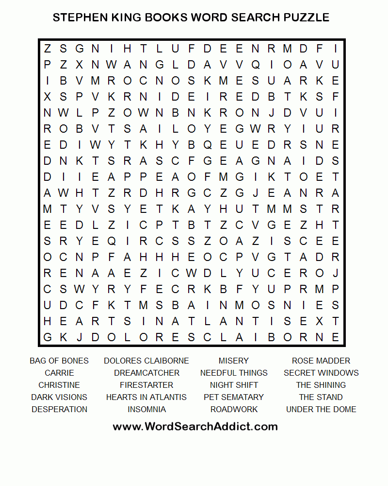 Stephen King Books Printable Word Search Puzzle | Stephen