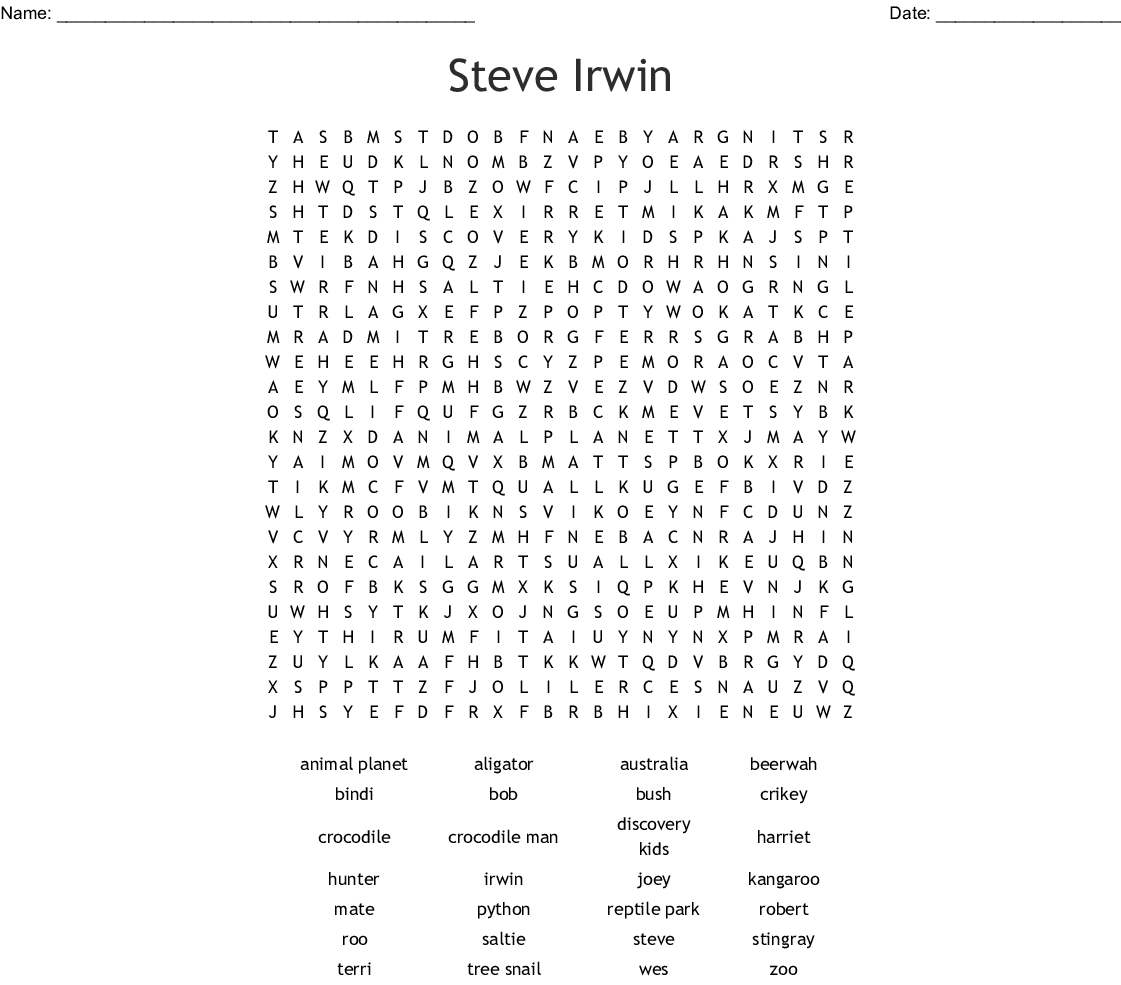 Steve Irwin Word Search - Wordmint