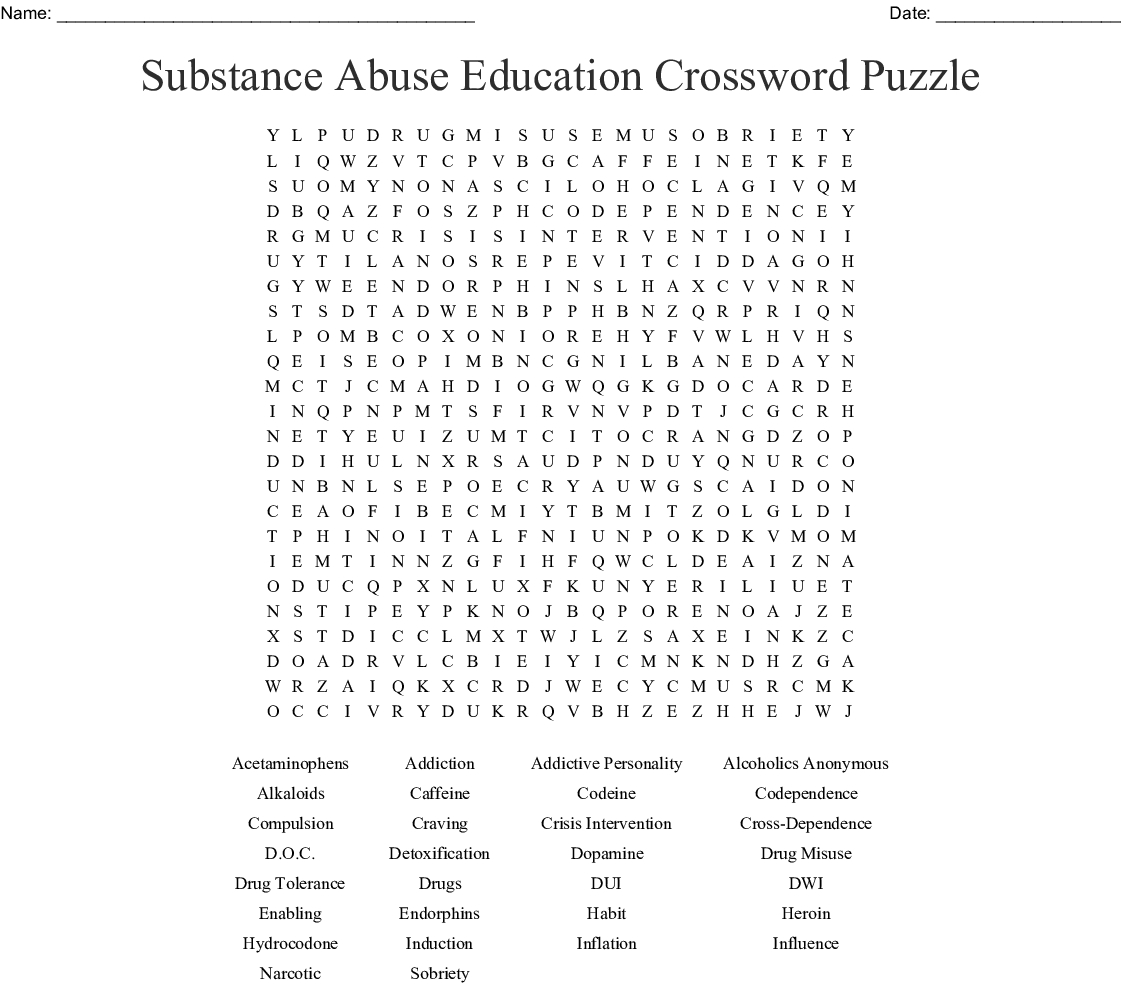 Substance Abuse Education Crossword Puzzle Word Search