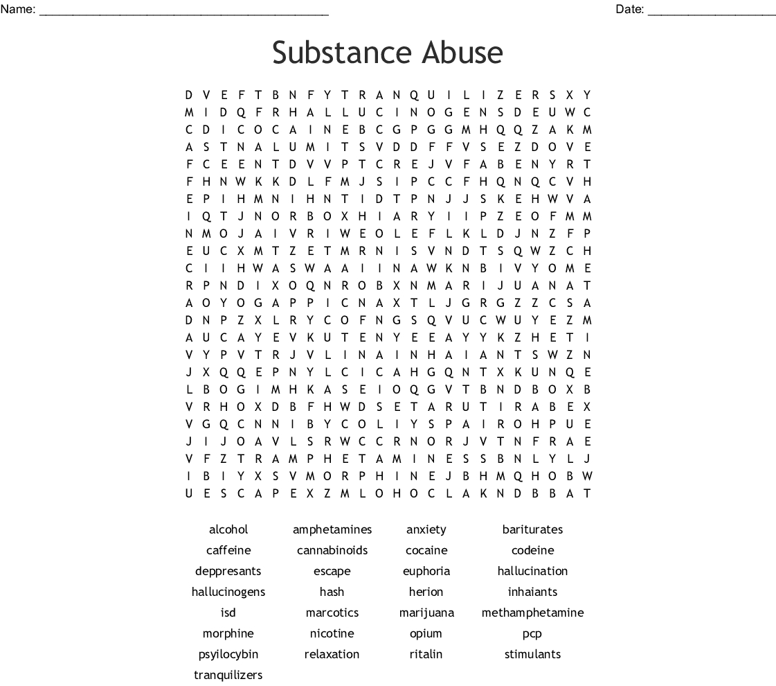 Substance Abuse Word Search - Wordmint