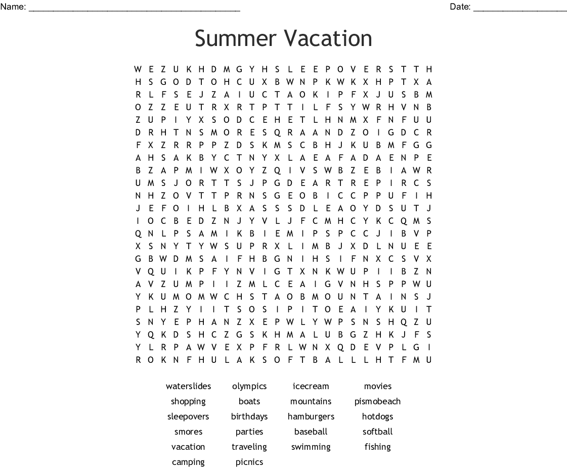Summer Vacation Word Search - Wordmint