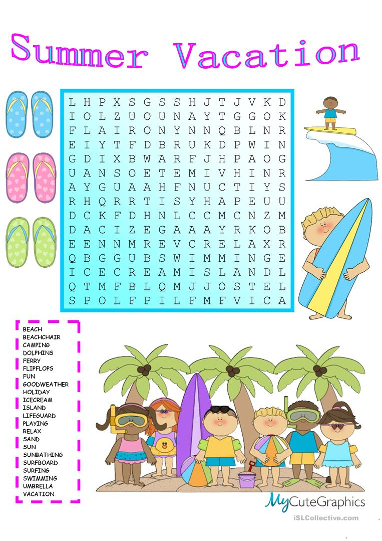 Summer Vacation Wordsearch With Key - English Esl Worksheets