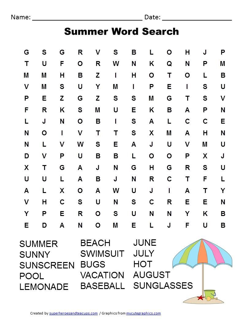Hard Summer Word Search Printable