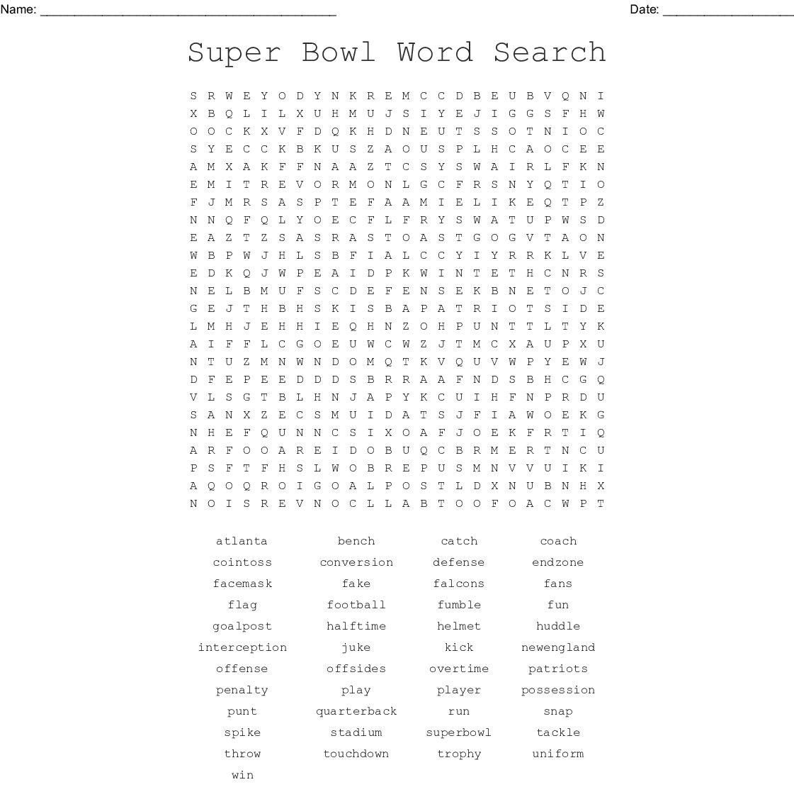 Super Bowl 52 Word Search - Wordmint