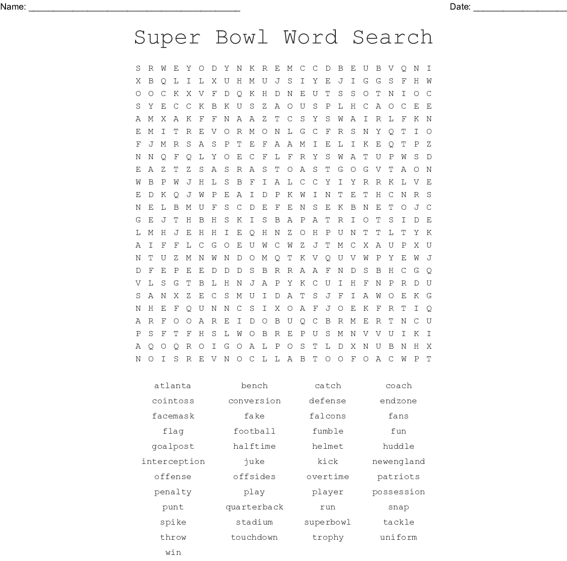 Super Bowl Word Search Puzzle