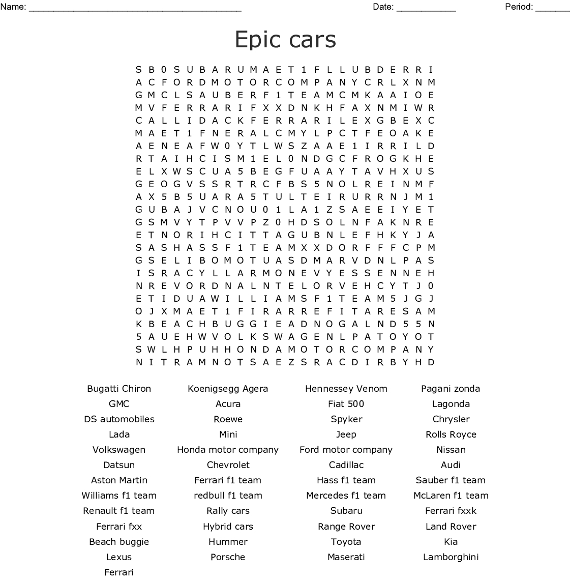 Supercars Word Search - Wordmint