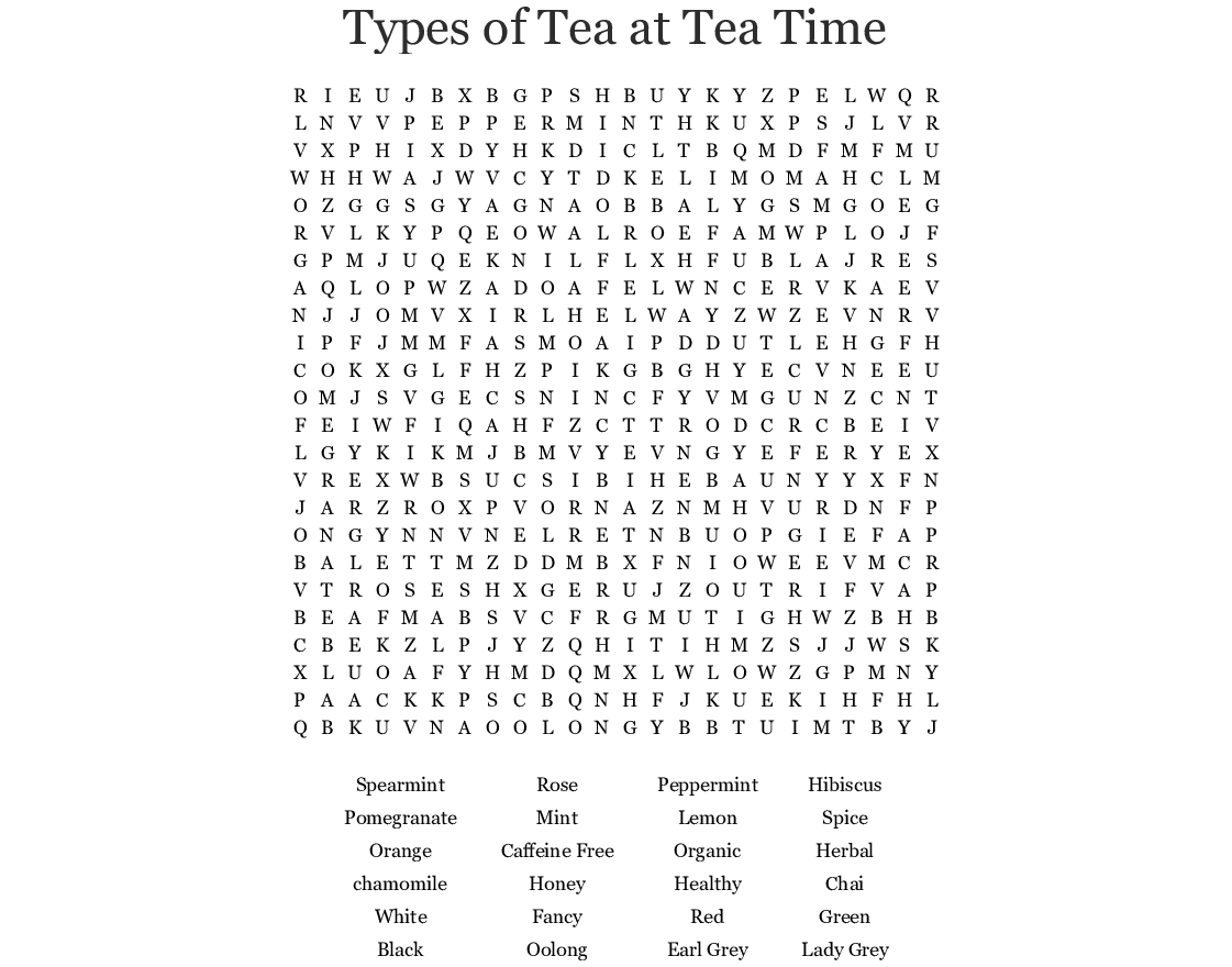 Tea Party Word Scramble Word Search - Wordmint