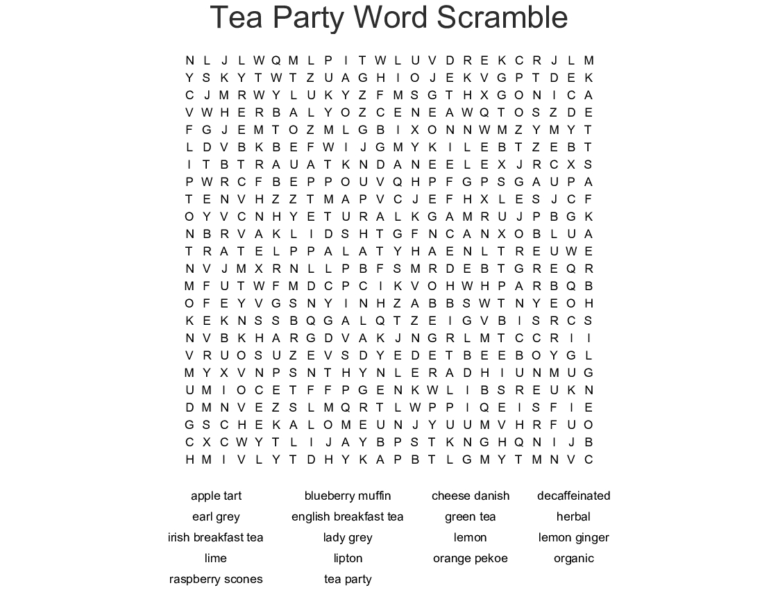 Tea Party Word Scramble Word Search - Wordmint