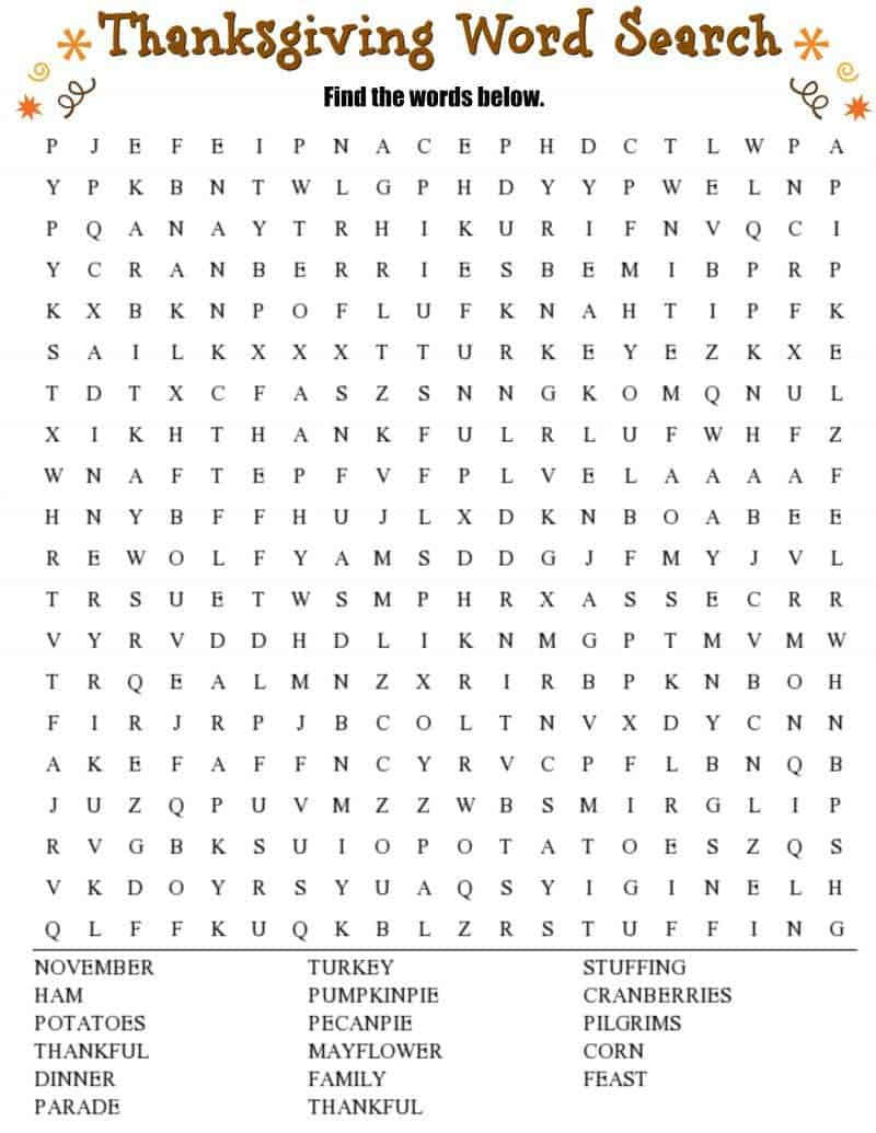 Thanksgiving Word Search Free Printable Worksheet