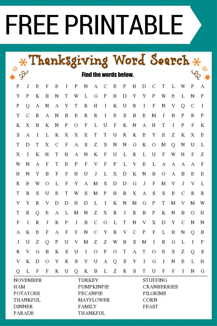 Thanksgiving Word Search Free Printable Worksheet