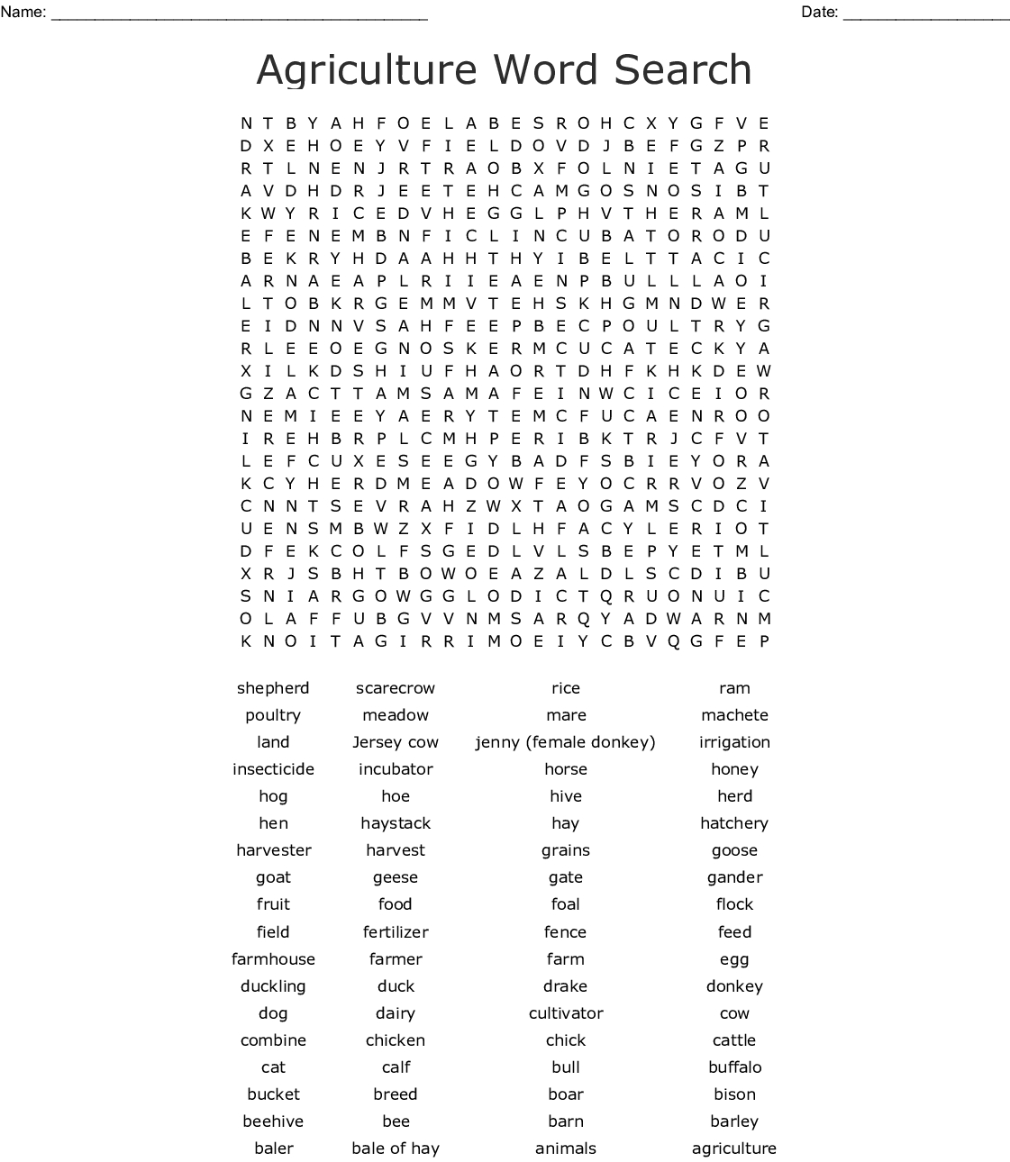 Things You Find On A Farm Word Search - Wordmint