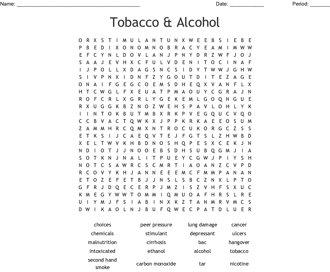 Tobacco &amp;amp; Alcohol Word Search - Wordmint
