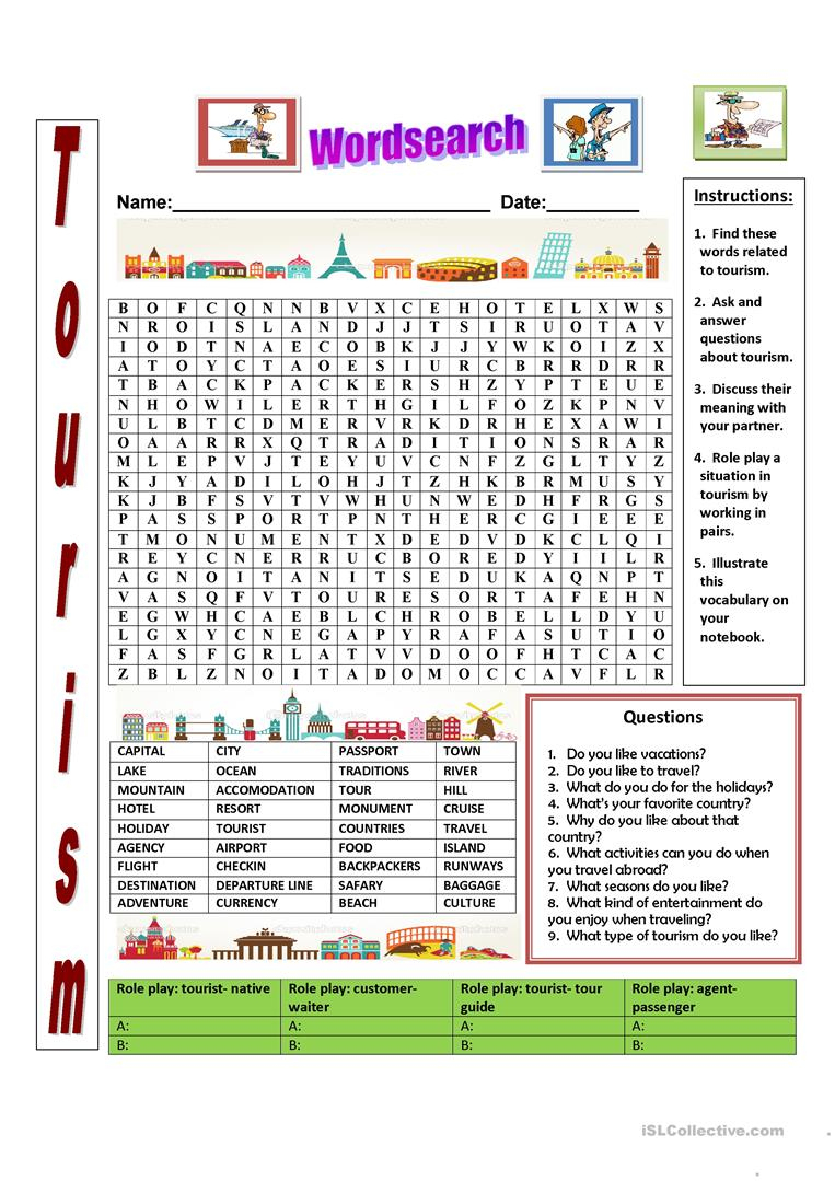 Tourism Wordsearch - English Esl Worksheets For Distance