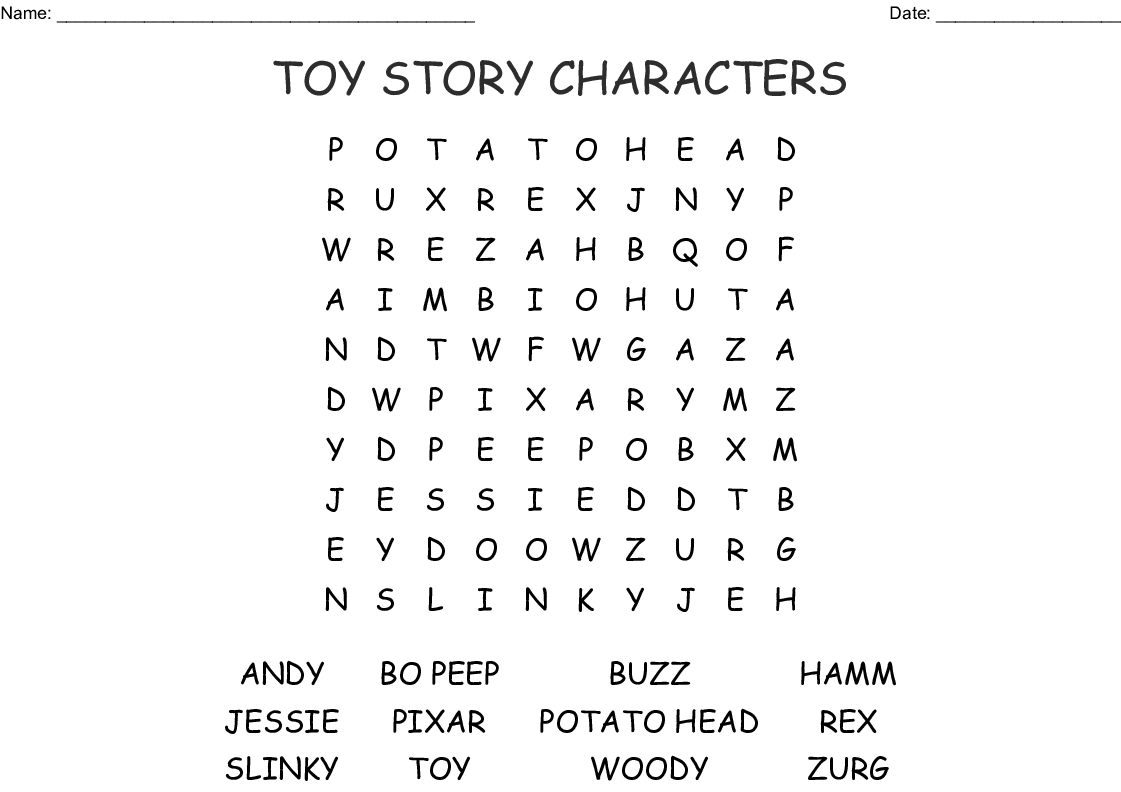 Toy Story Characters Word Search - Wordmint