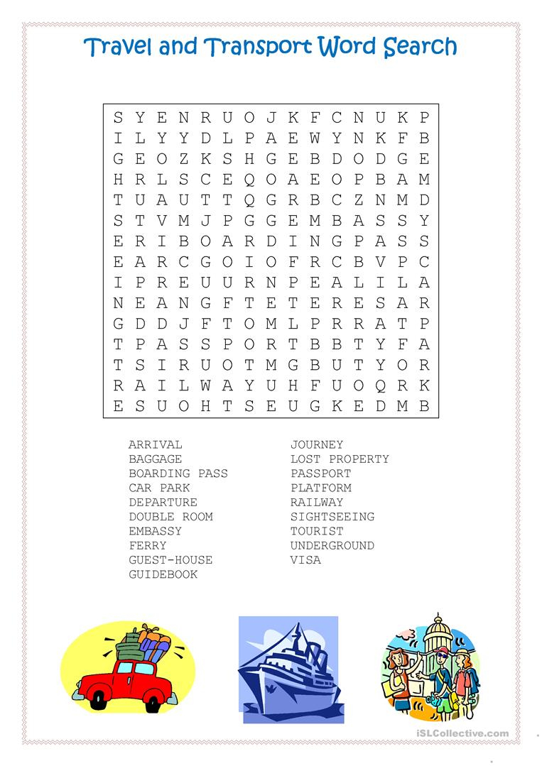 Travel And Transport Word Search - English Esl Worksheets