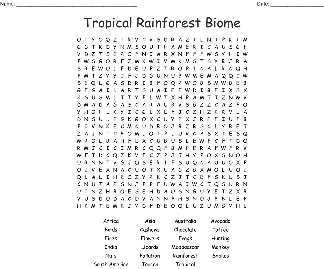 Tropical Rainforest Biome Word Search - Wordmint