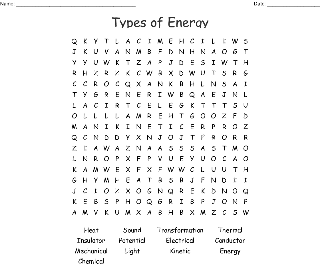 Types Of Energy Word Search - Wordmint