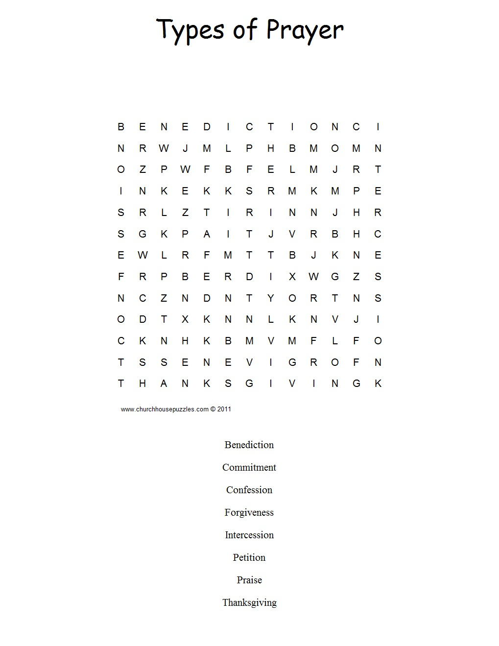 Types Of Prayer Word Search Puzzle