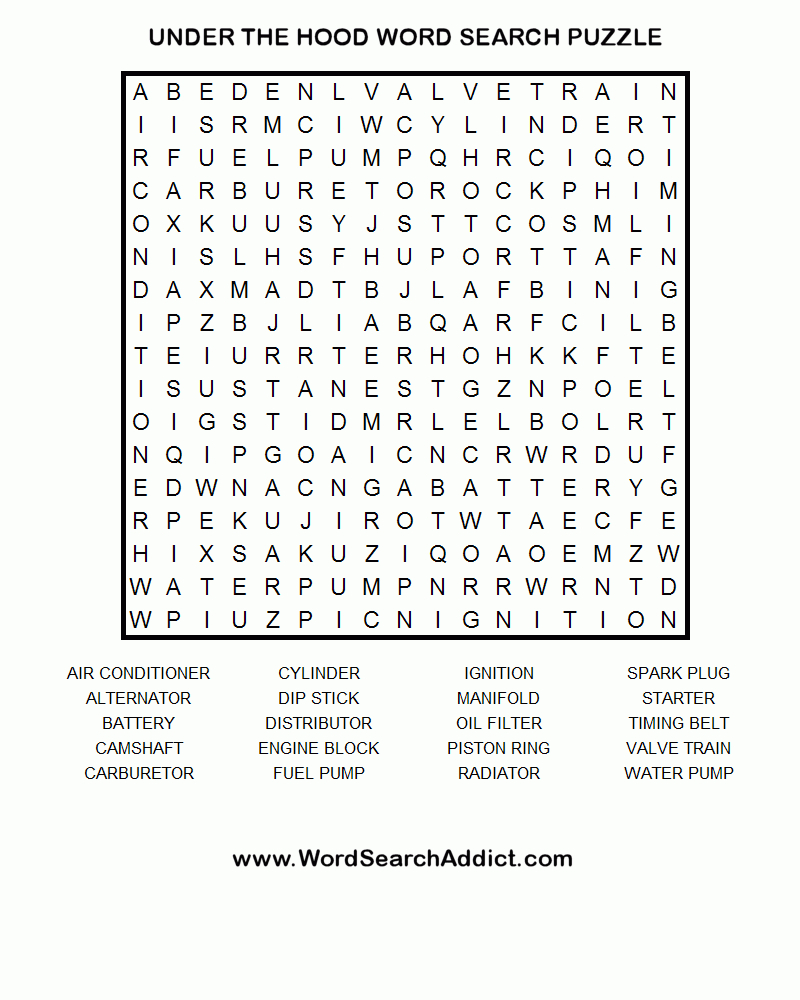 Under The Hood Printable Word Search Puzzle | Word Search