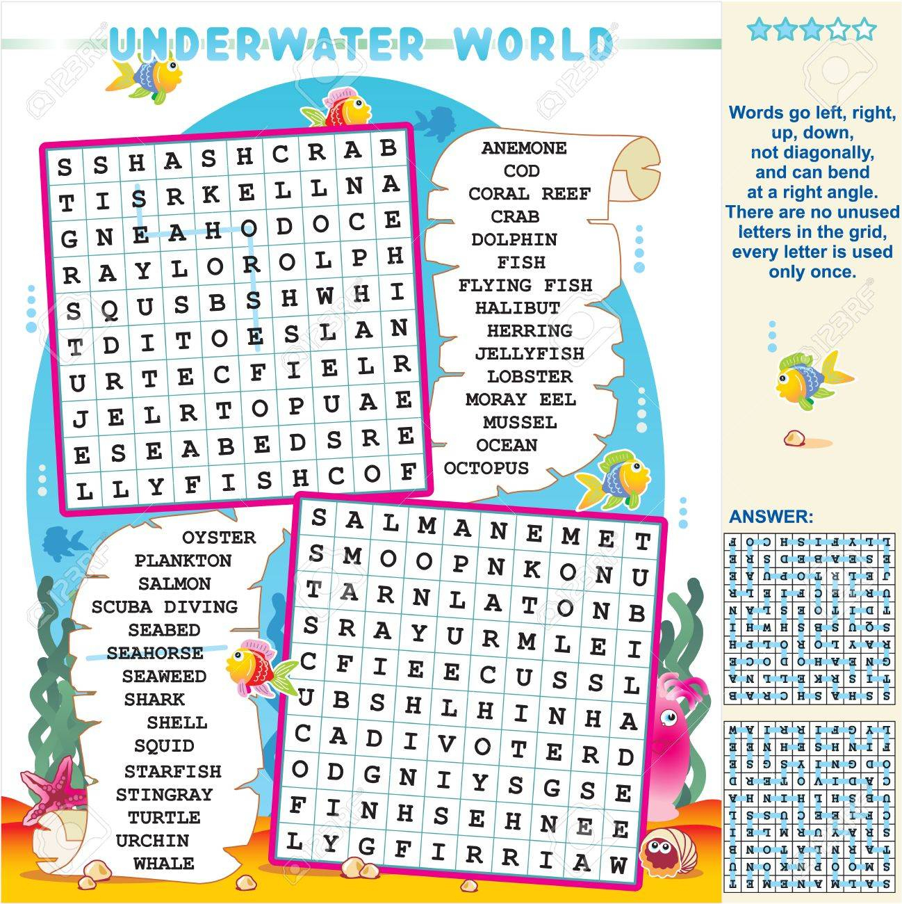 Underwater World Zigzag Word Search Puzzle, Answer Included