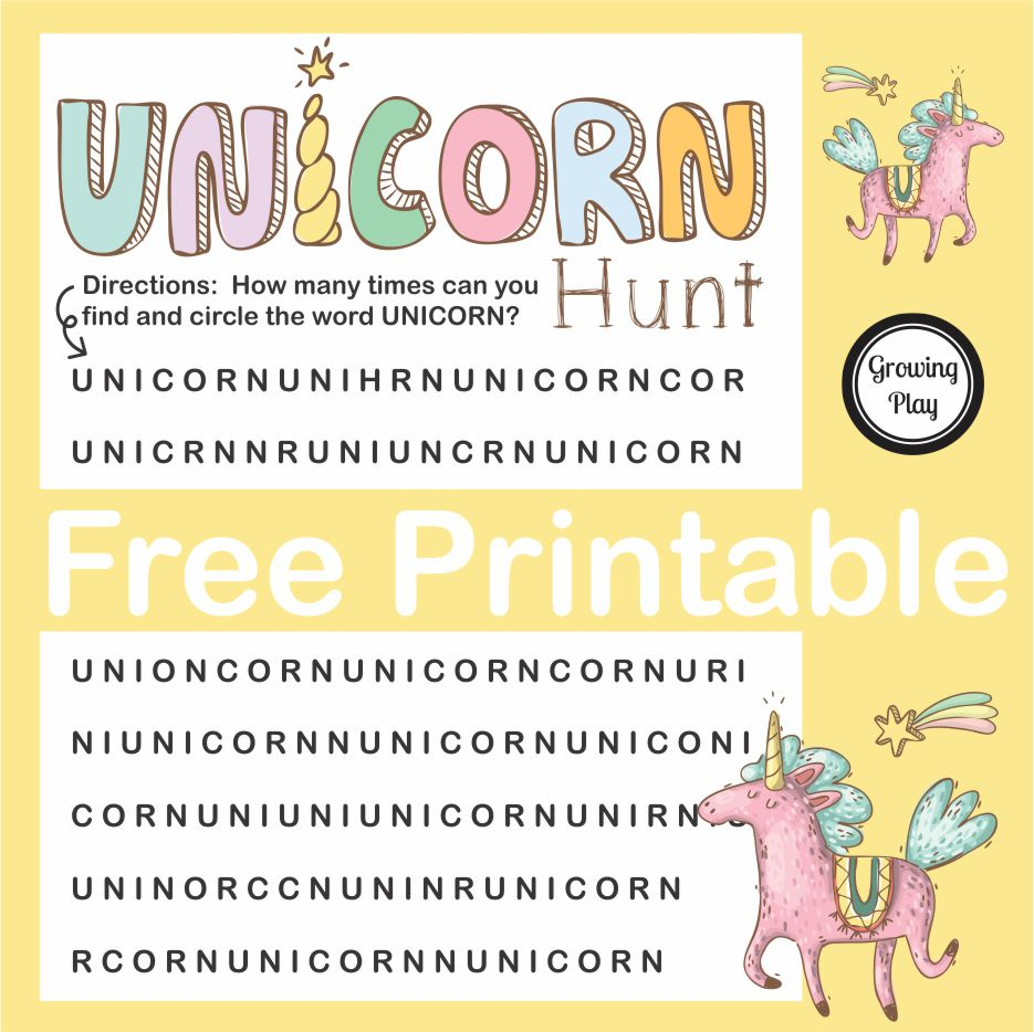 Unicorn Hunt Word Find Free Printable - Growing Play