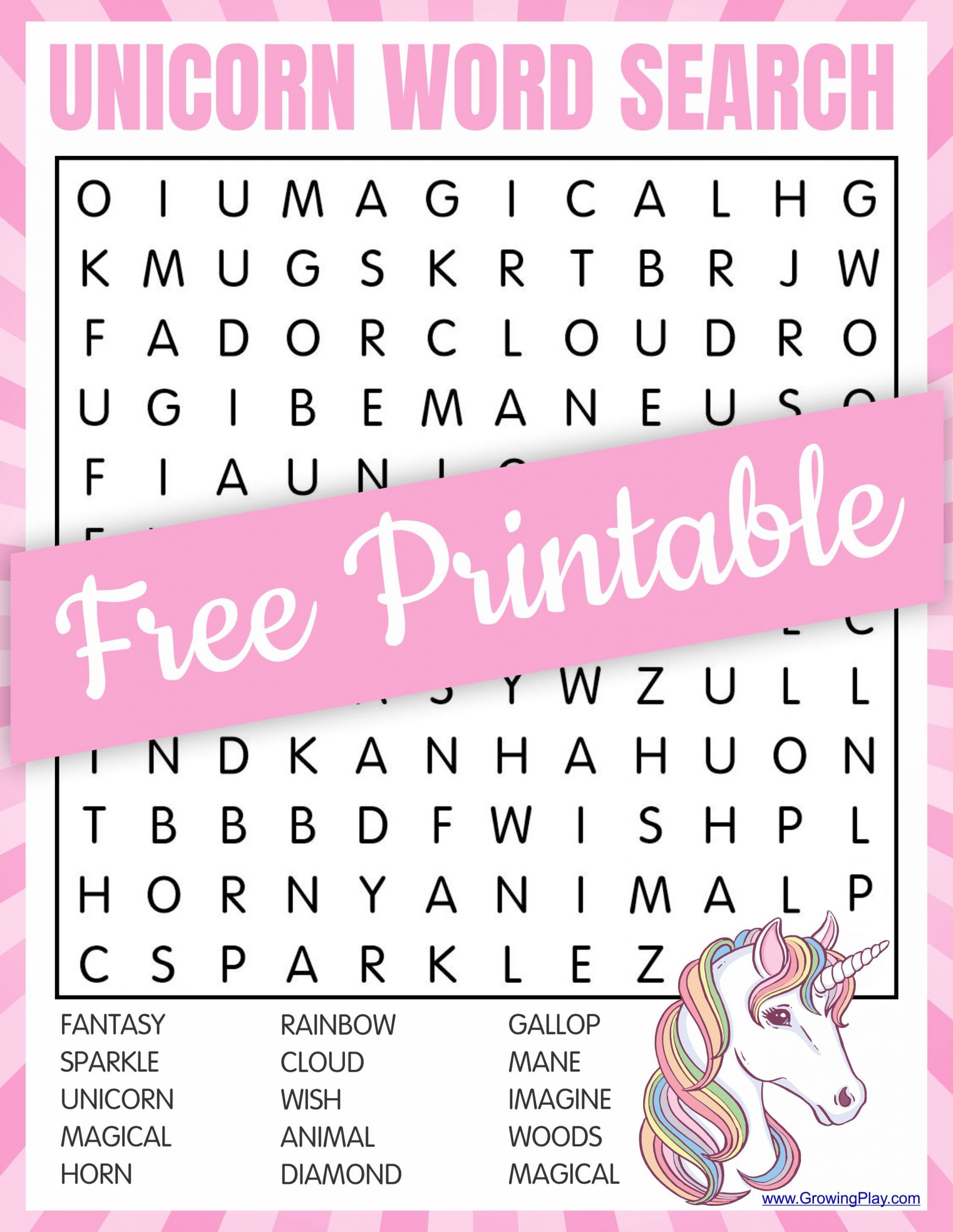 Unicorn Word Search - Free Pdf Printable - Growing Play