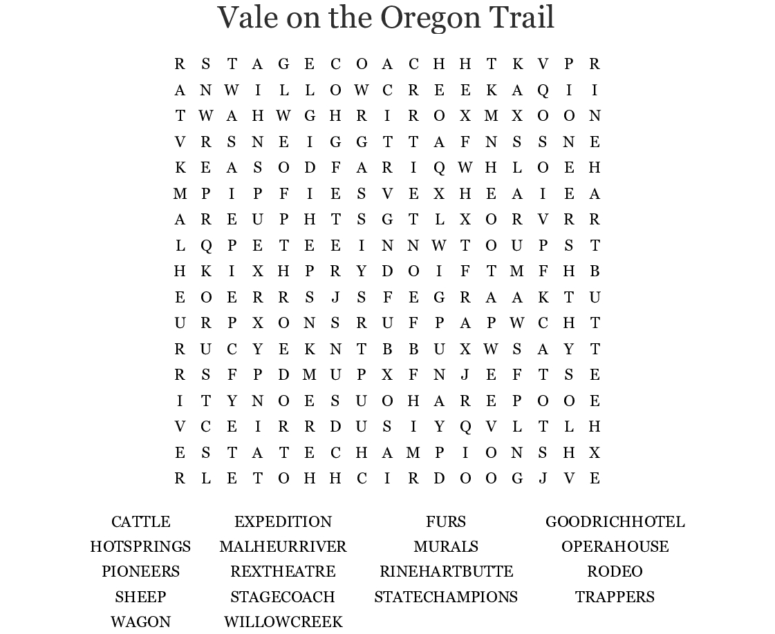 Vale On The Oregon Trail Word Search - Wordmint