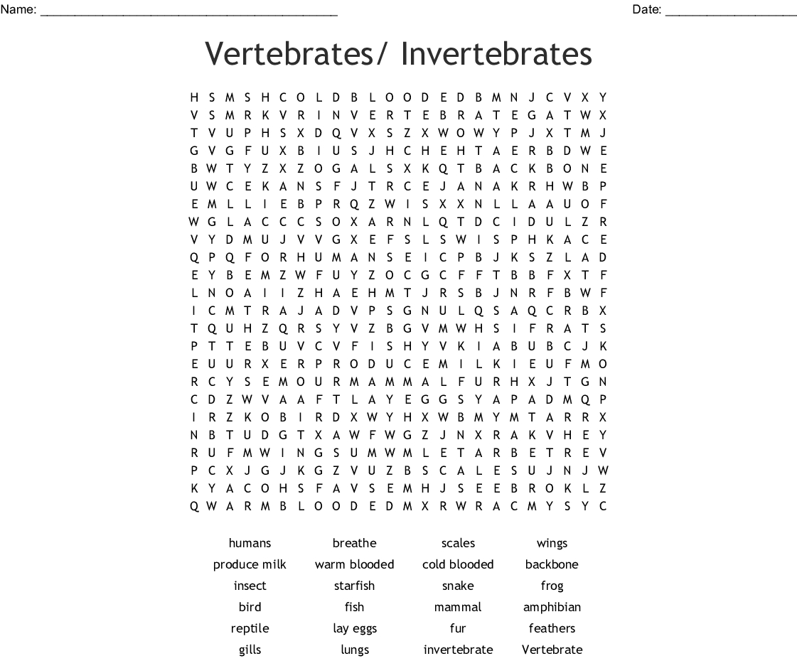 Vertebrates/ Invertebrates Word Search - Wordmint