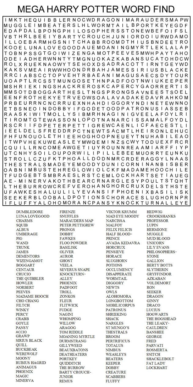 Very Hard Word Searches Printable | Mega Harry Potter Word