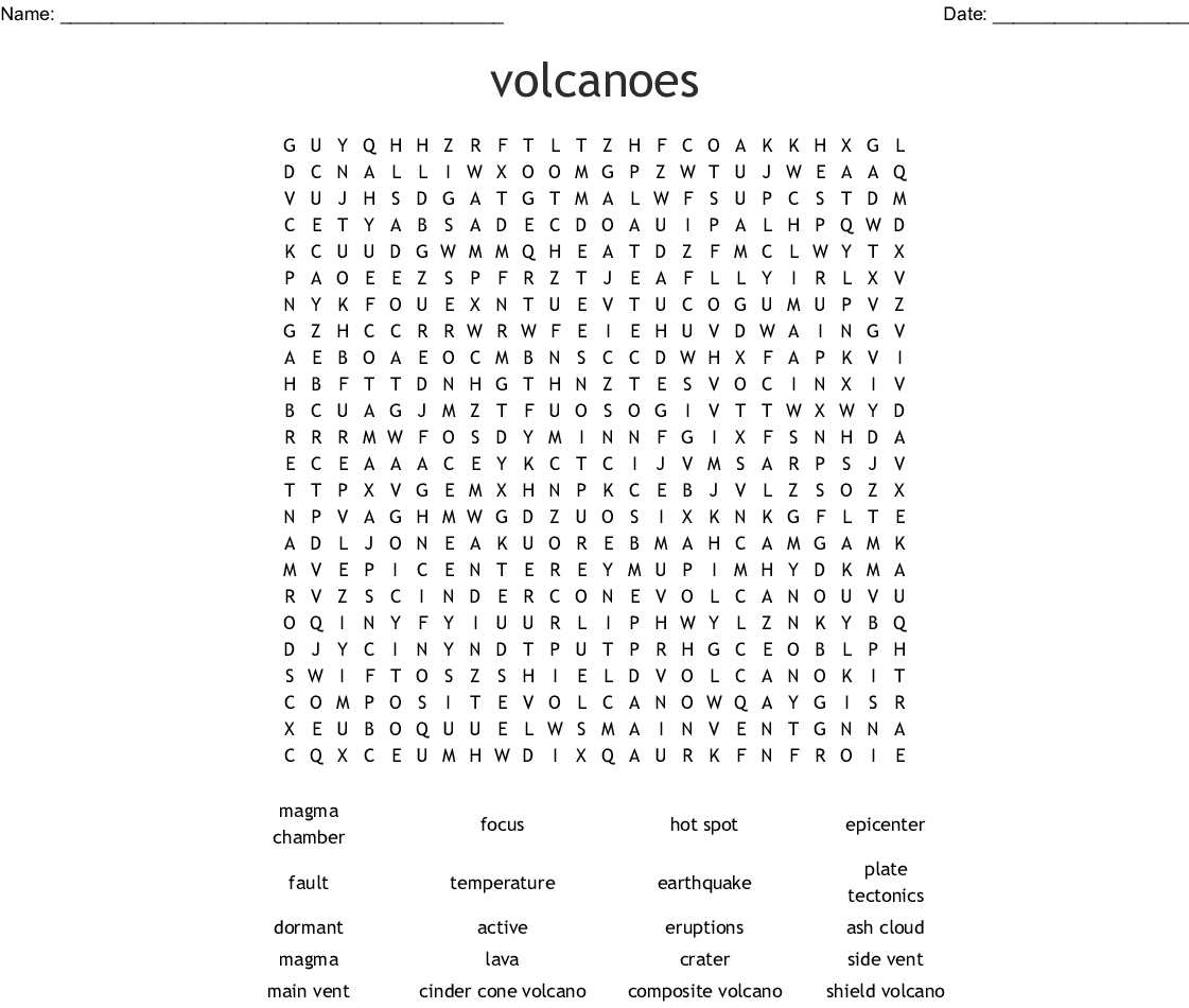 Volcanoes Word Search - Wordmint