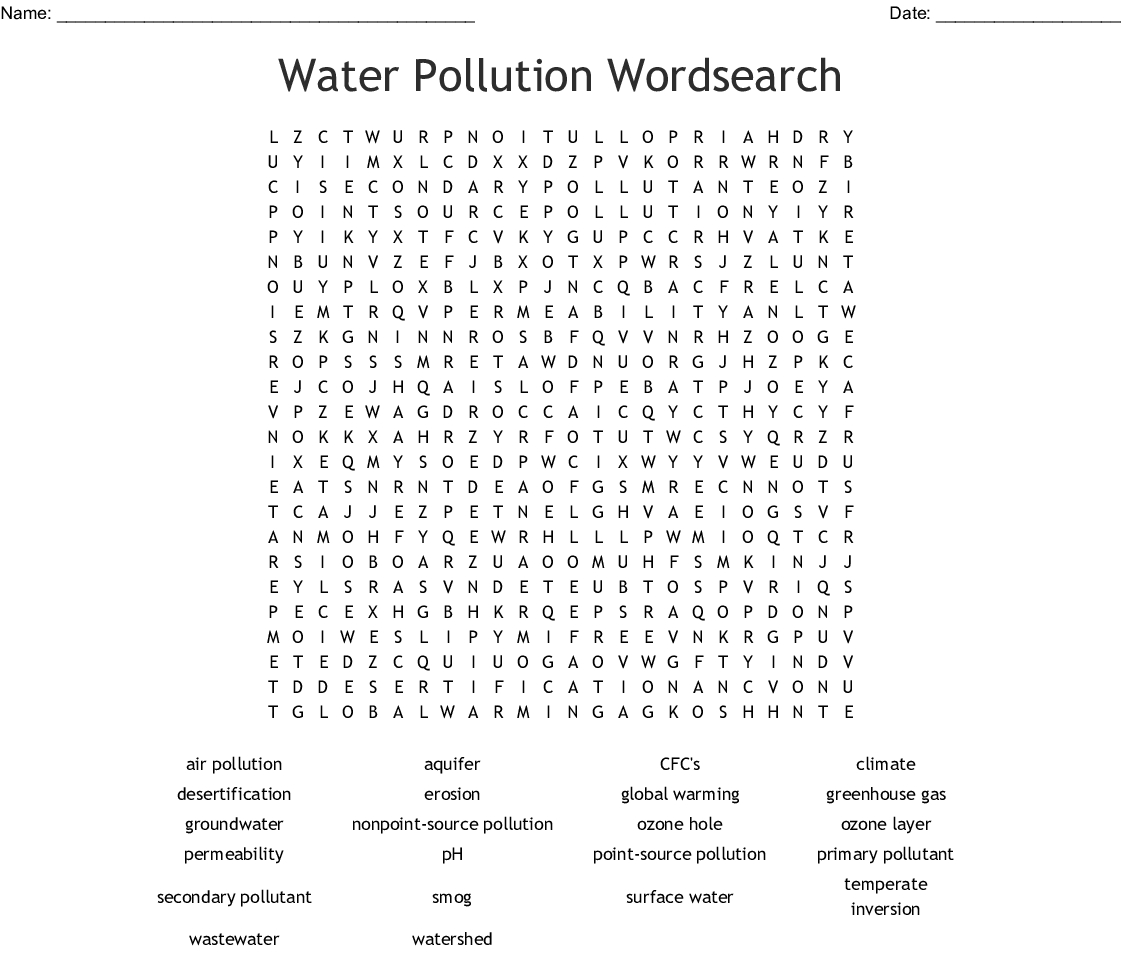 Water Pollution Wordsearch - Wordmint