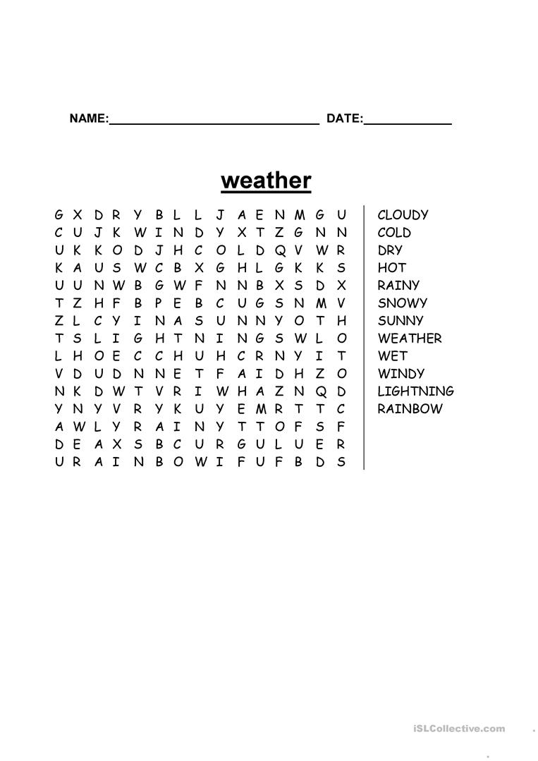Weather-Word Search - English Esl Worksheets For Distance