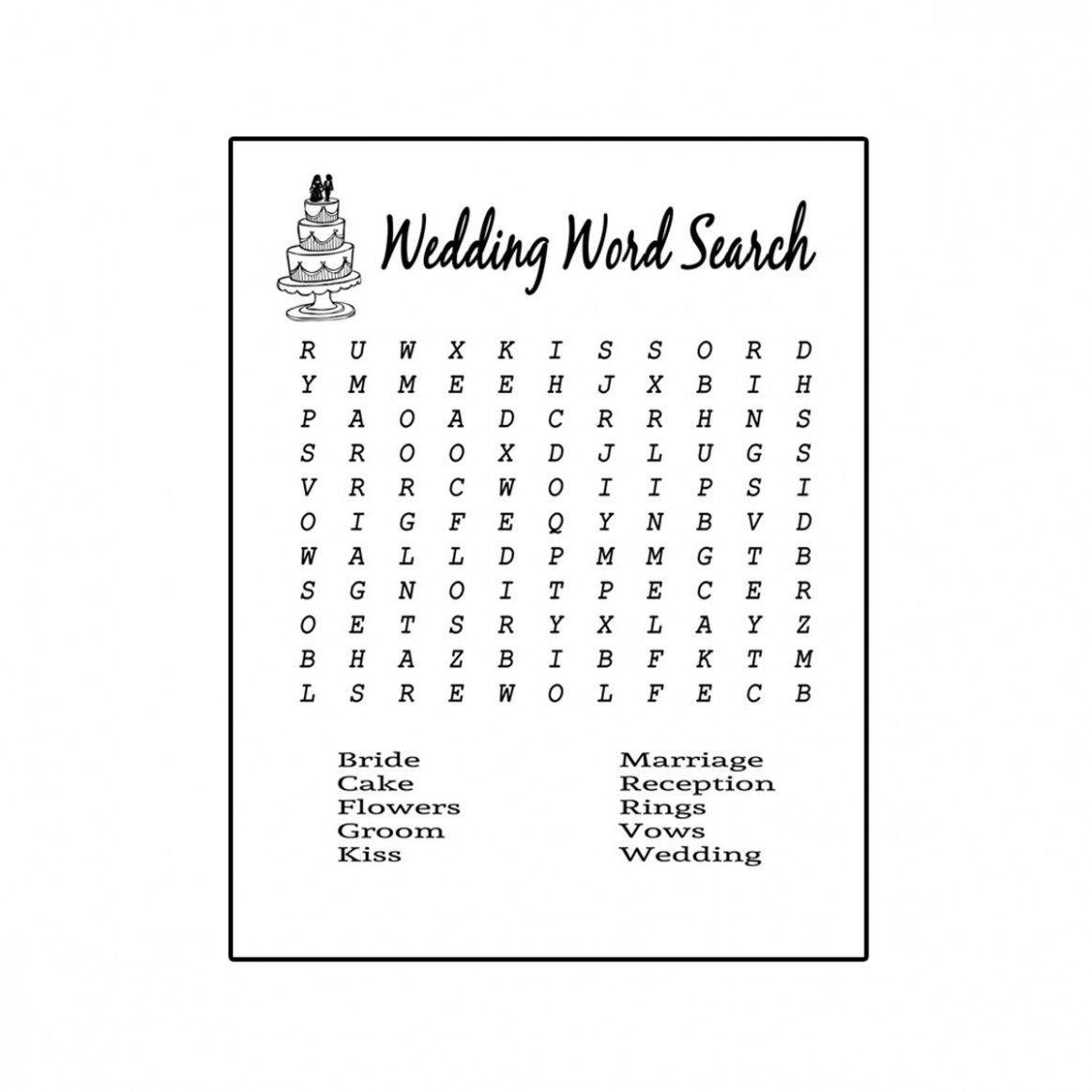 Wedding Reception Activities Word Search | Wedding Reception