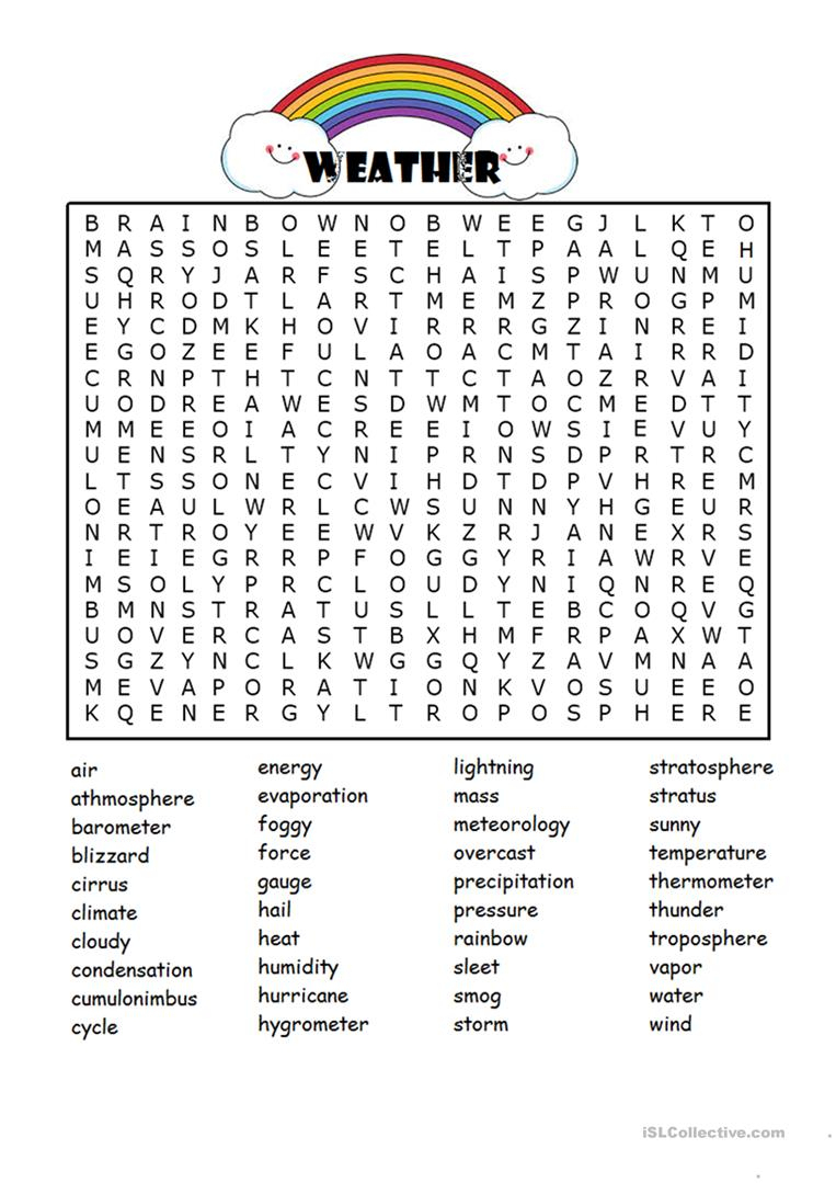 Word Search About Weather - English Esl Worksheets For