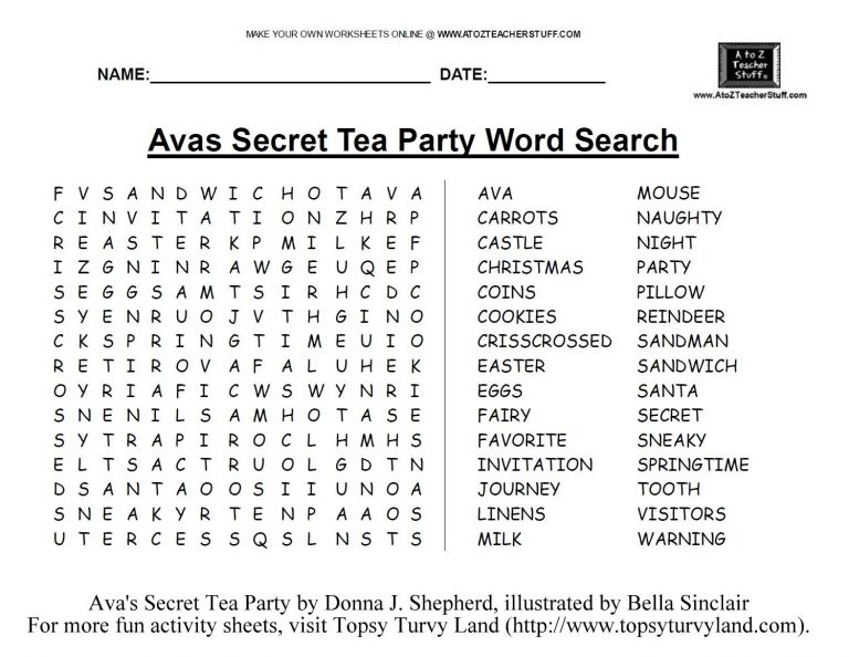 Word Search Avas Secret Tea Party Tea Party Tea Party Word Search Printable 1481