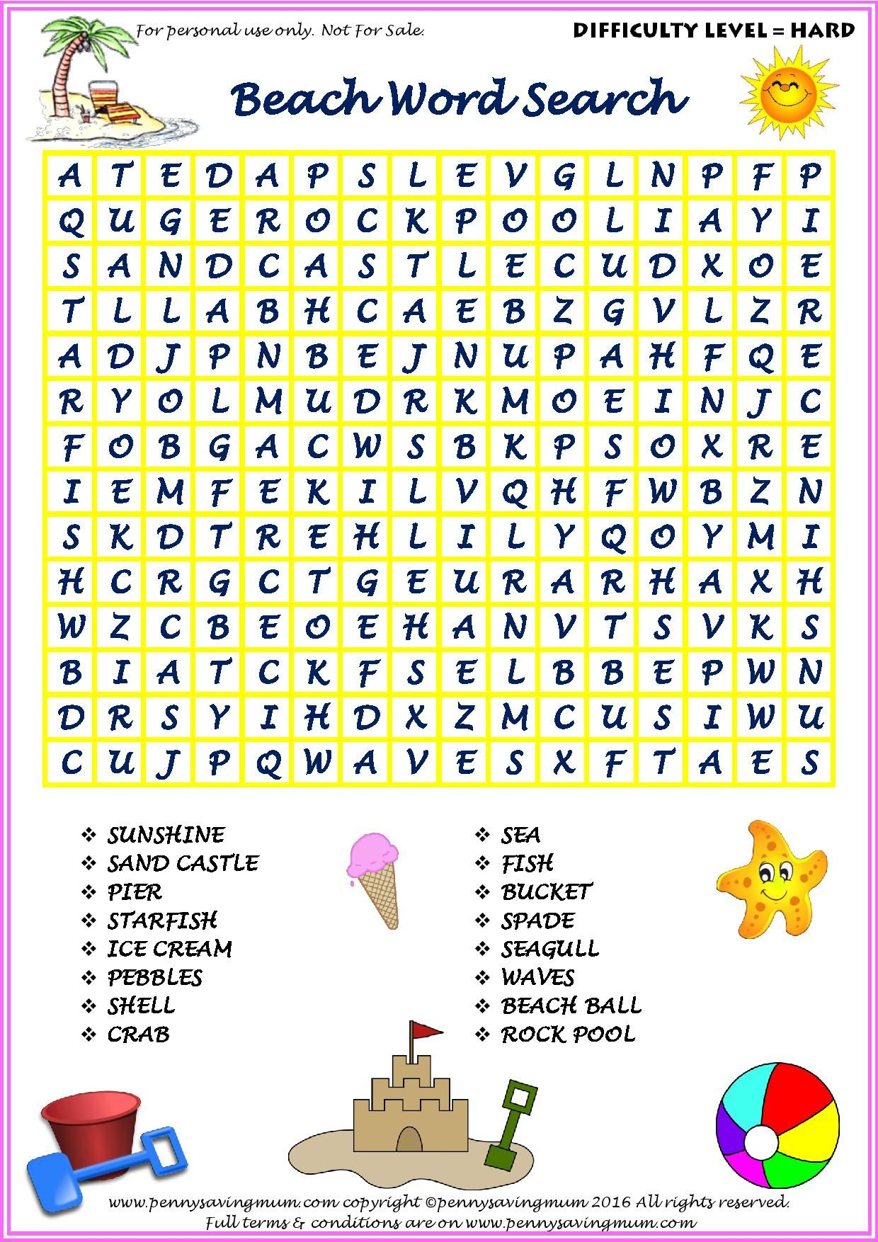 Word Search Beach Hard Version Pdf | Beach Words, Summer