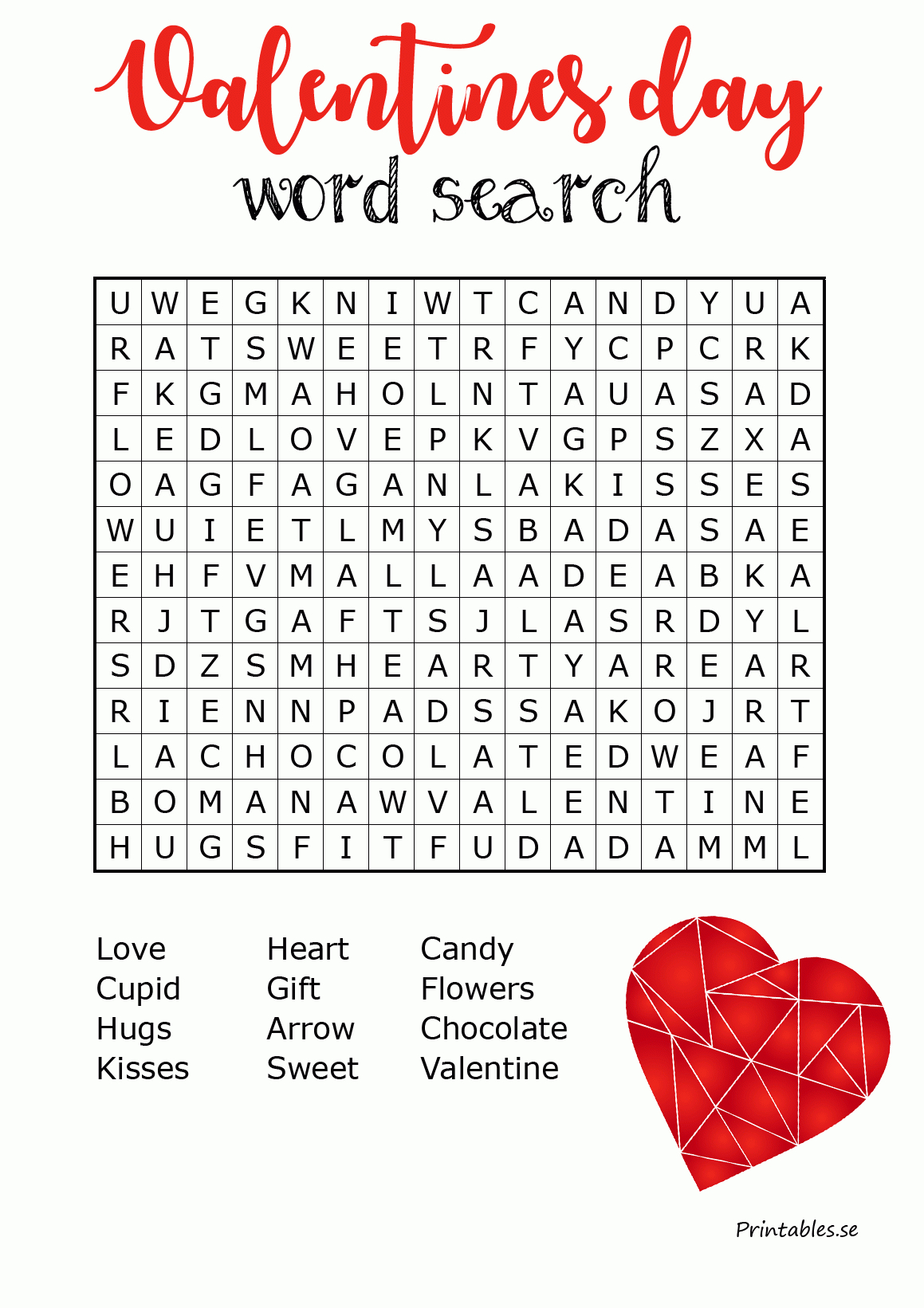 Word Search For Valentines Day (Free Printable)