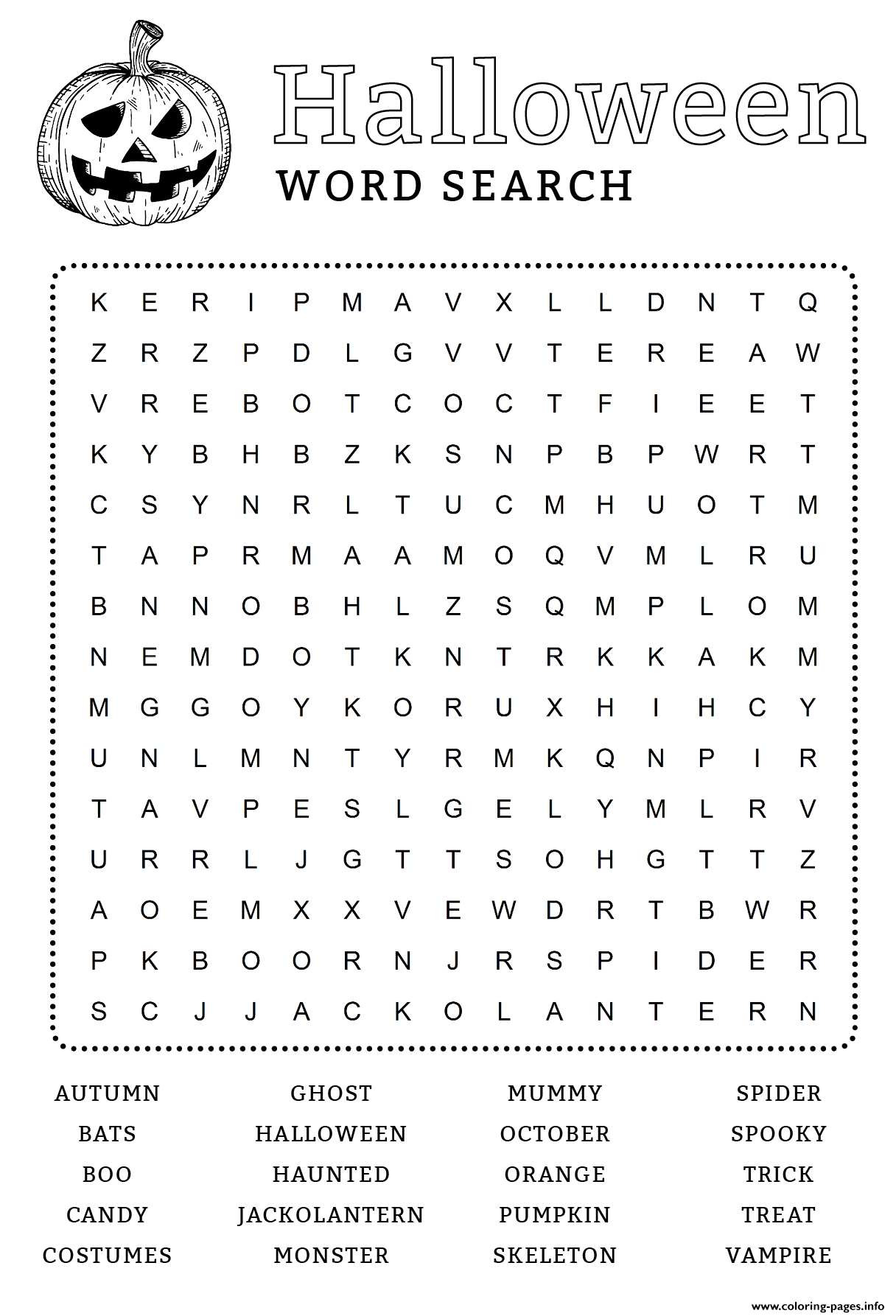 Word Search Halloween Coloring Pages Printable