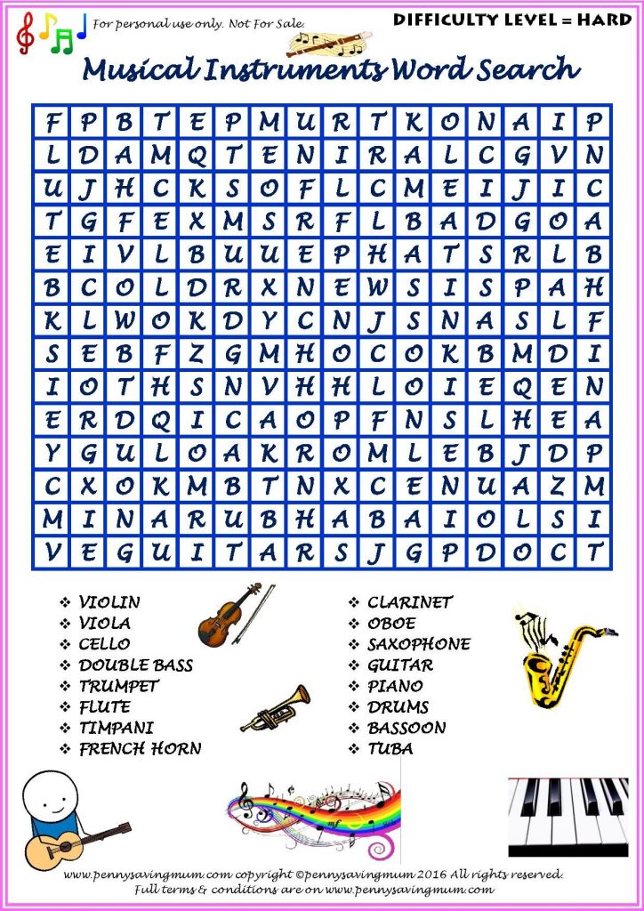 Word Search Musical Instruments Hard Version Pdf Musical Word Search Printable