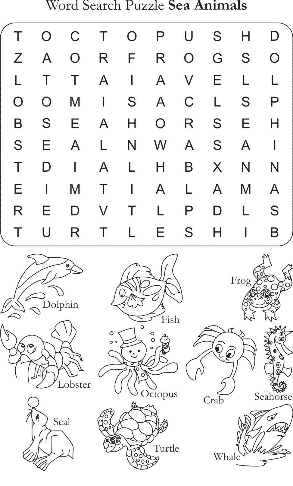 Word Search Puzzle Sea Animals | English Worksheets For Kids