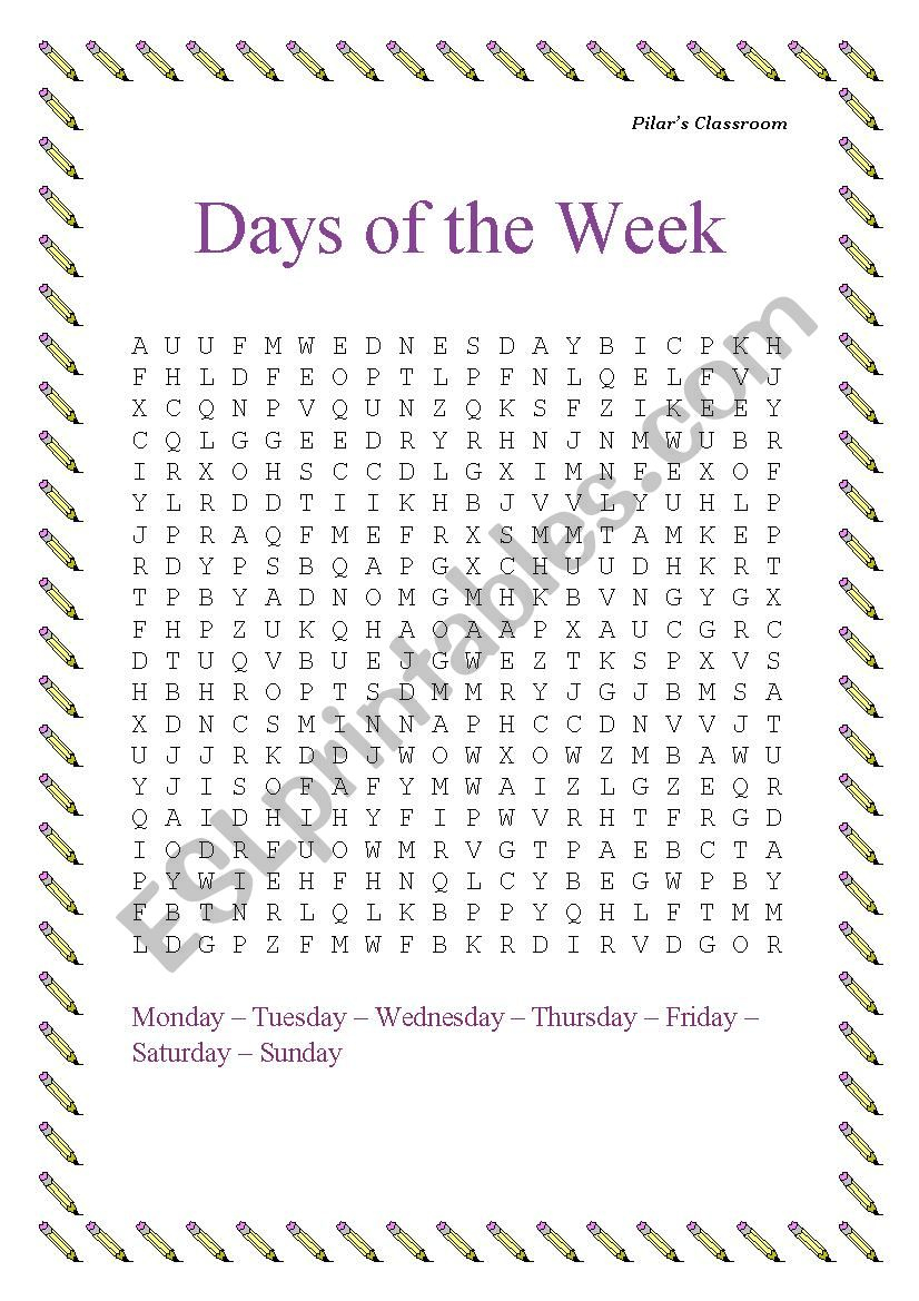 Wordsearch: Days Of The Week - Esl Worksheetenglishteach8