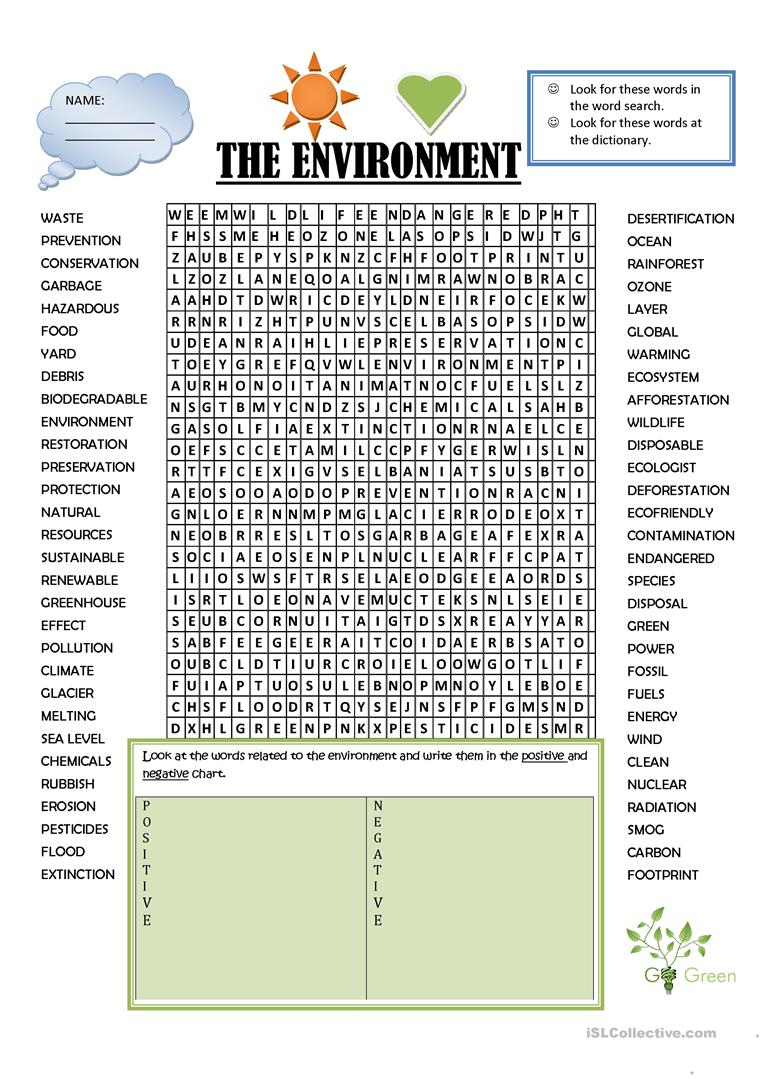 Wordsearch Environment - English Esl Worksheets For Distance