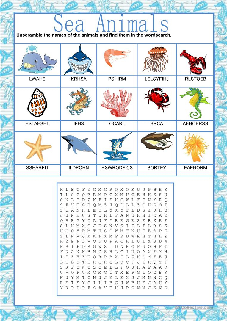 Wordsearch - Sea Animals - English Esl Worksheets For
