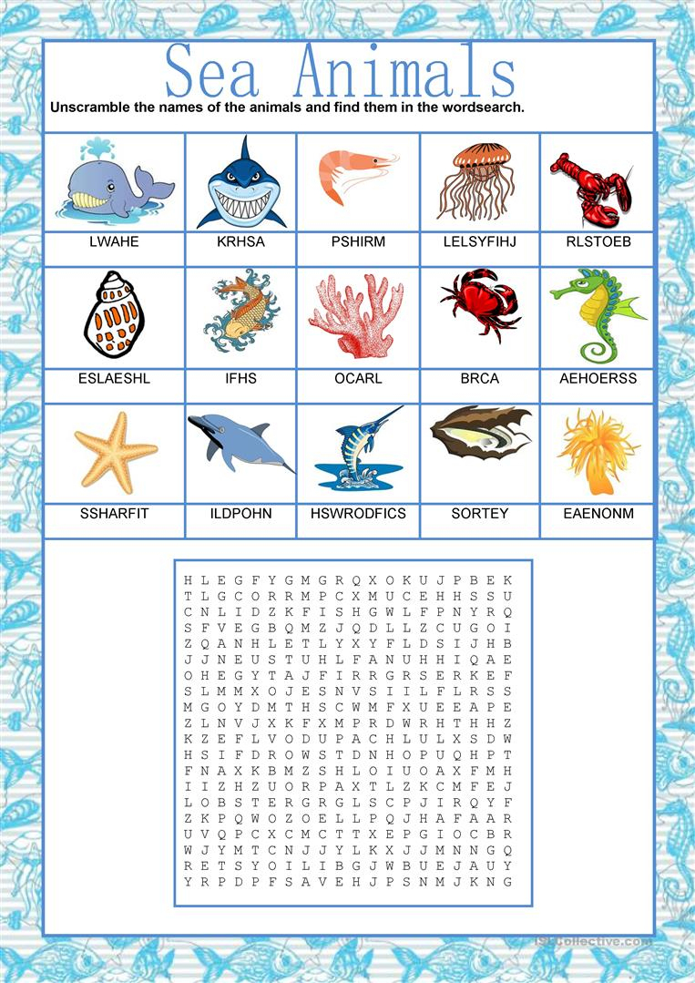 sea animals wordsearch esl worksheetineta word search printable