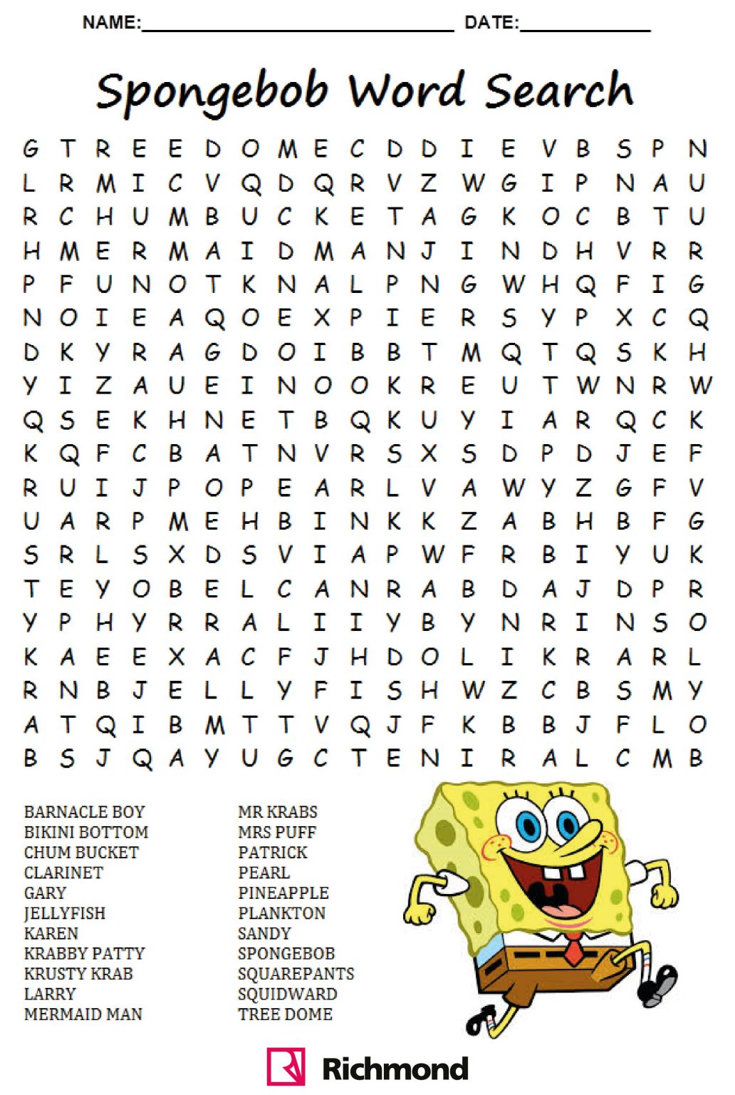 Wordsearch Spongebob Time! Activity Sheets For Kids Word Search