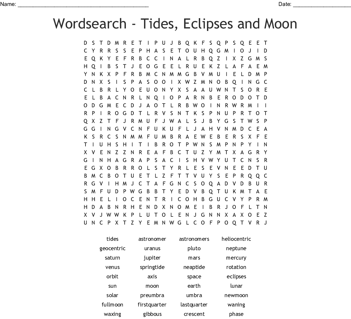 Wordsearch - Tides, Eclipses And Moon - Wordmint