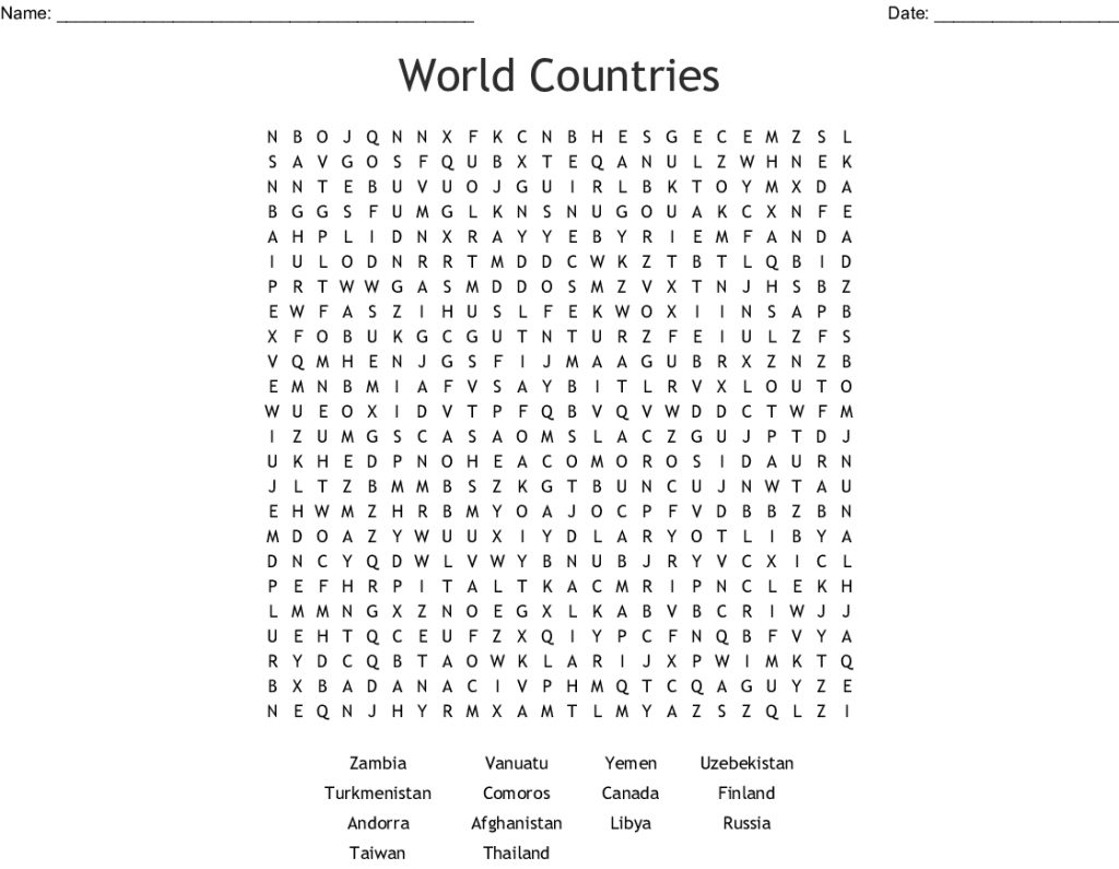 Countries Word Search Printable