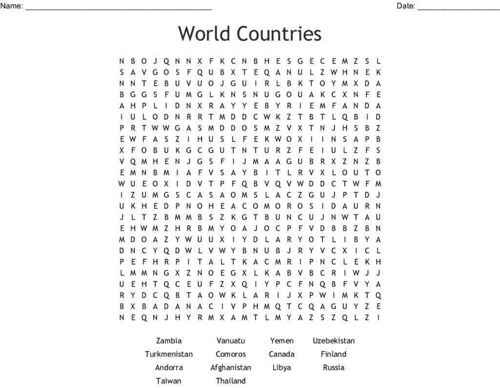 World Countries Word Search Wordmint Word Search Printable